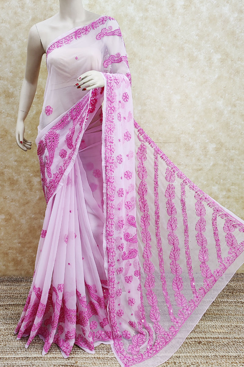 Pink Colour Desiner Whit Mukaish Work Hand Embroidered Lucknowi Chikankari Saree ( With Blouse - Georgette ) MC251777